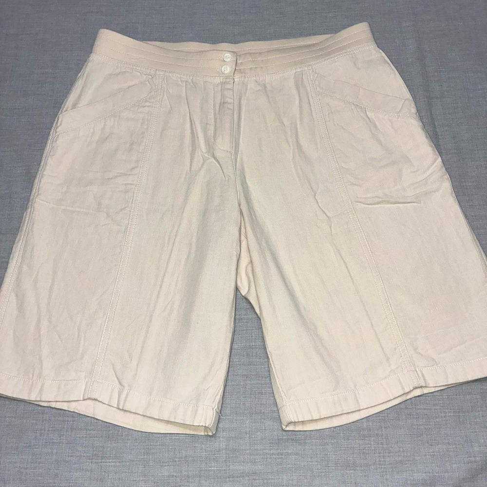 J.Jill Beige 100% Cotton Stretch Waist Bermuda Shorts Size 10 Multiple Pockets